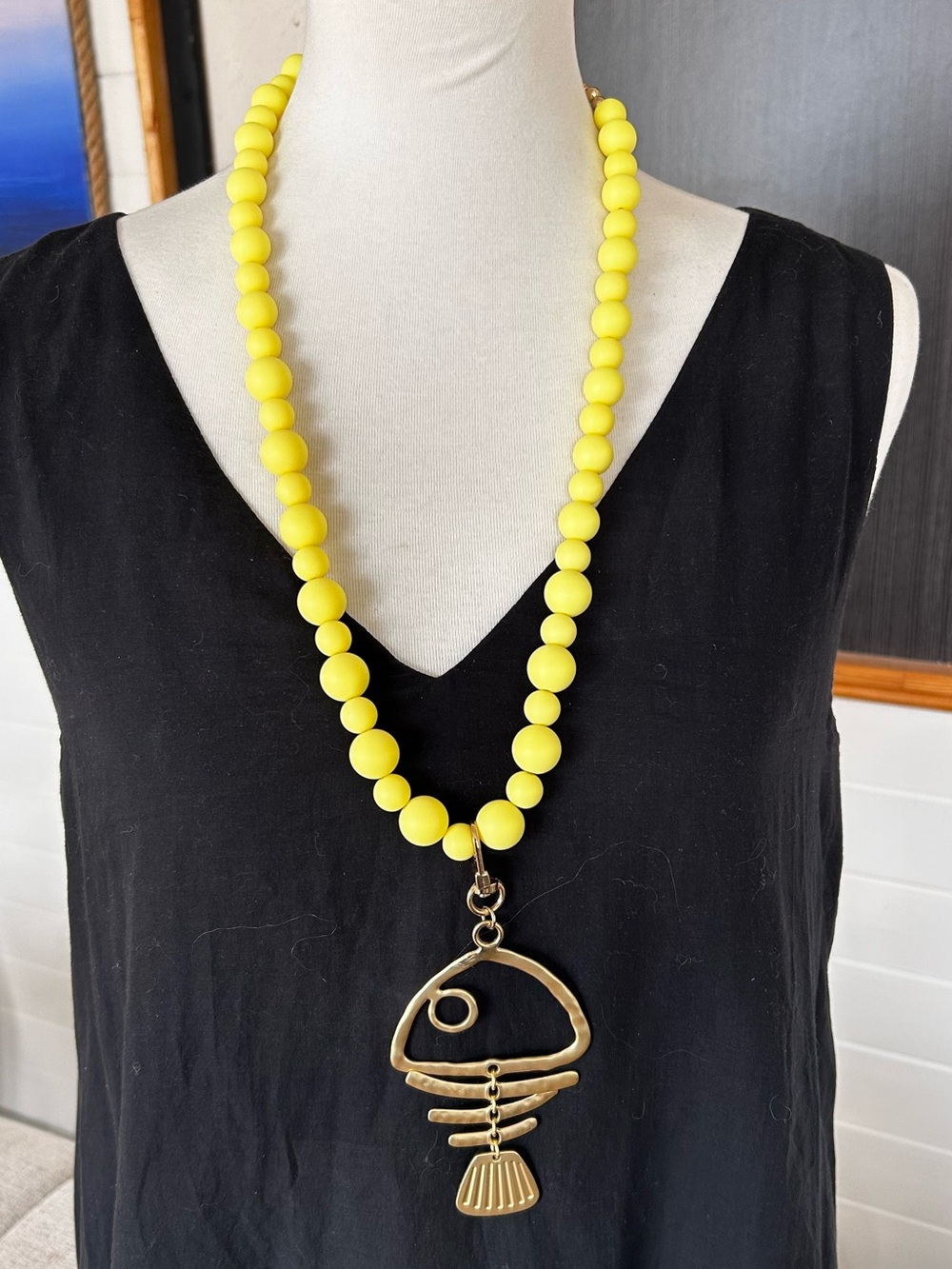 Bright Yellow Beaded Statement Necklace with Gold-Tone Fish Pendant